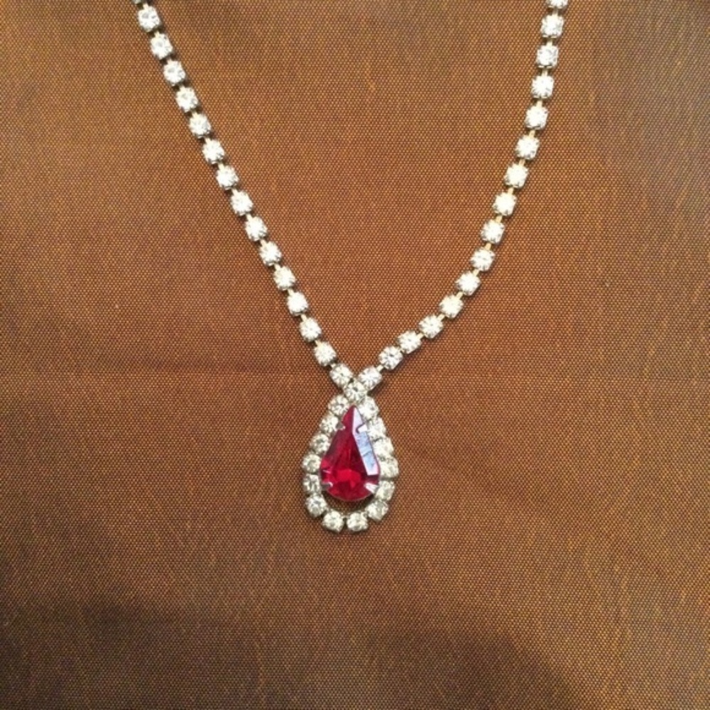 Red Stone and Rhinestone Necklace 9” Drop